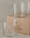 Eulenschnitt Trinkglas 4er Set aus Glas mit minimalistischer Form und Gravur im Boden im Pappkarton mit kleinem schwarzen Herz