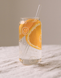 Hohes Trinkglas von Eulenschnitt in Dosenform mit weißem Allover-Smiley-Print aus Borosilikatglas