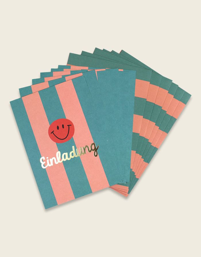 Ava & Yves Einladungskarten Set Streifen Türkis/Lachs/Koralle – 6 Postkarten mit passenden Umschlägen.
