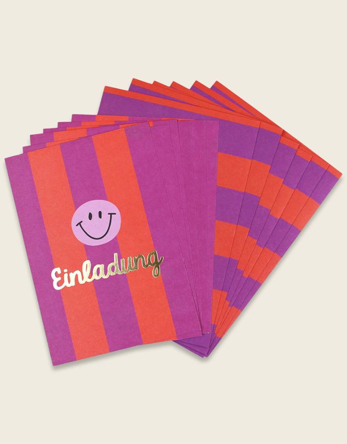 Ava & Yves Einladungskarten Set Streifen Violett/Koralle/Flieder – 6 Postkarten mit passenden Umschlägen.