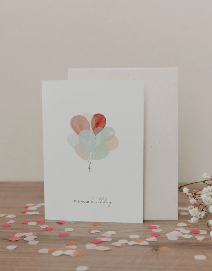 Klappkarte mit Umschlag von Eulenschnitt mit vielen Luftballons und der Aufschrift: Its your Birthday