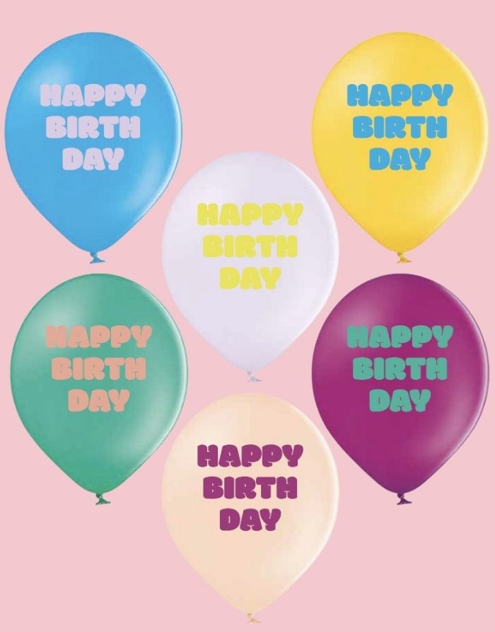 Bunte Happy-Birthday-Luftballons aus Naturkautschuk von Ava &amp; Yves in Geschenkbox