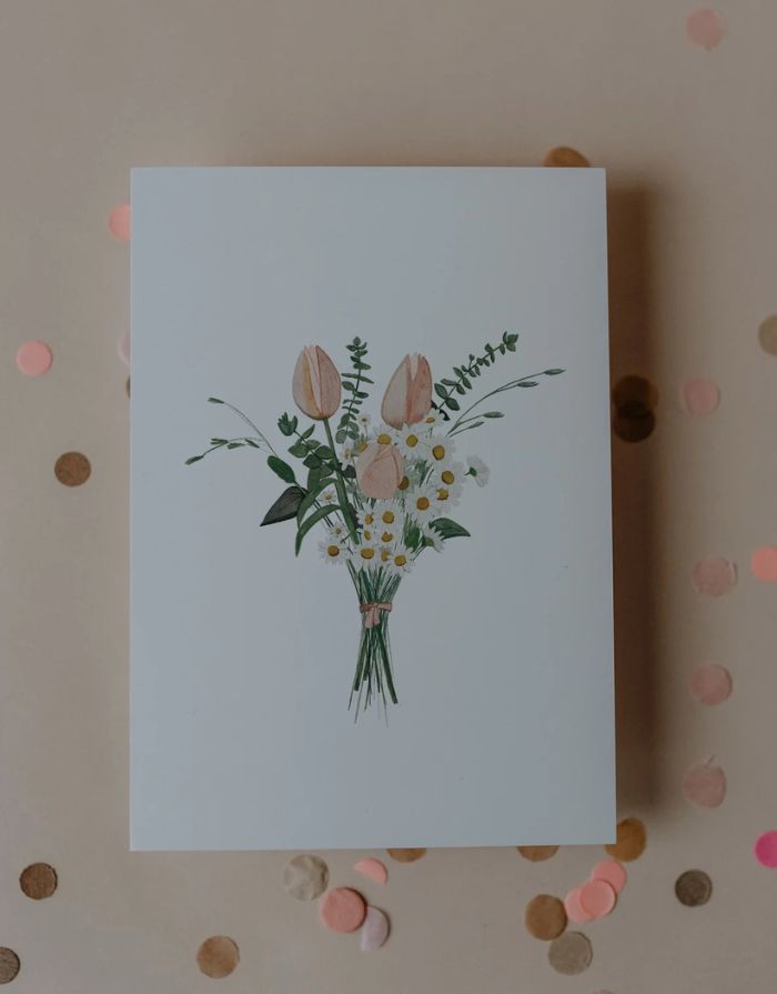 Weiße Postkarte mit einem großen Blumenstrauß von Eulenschnitt