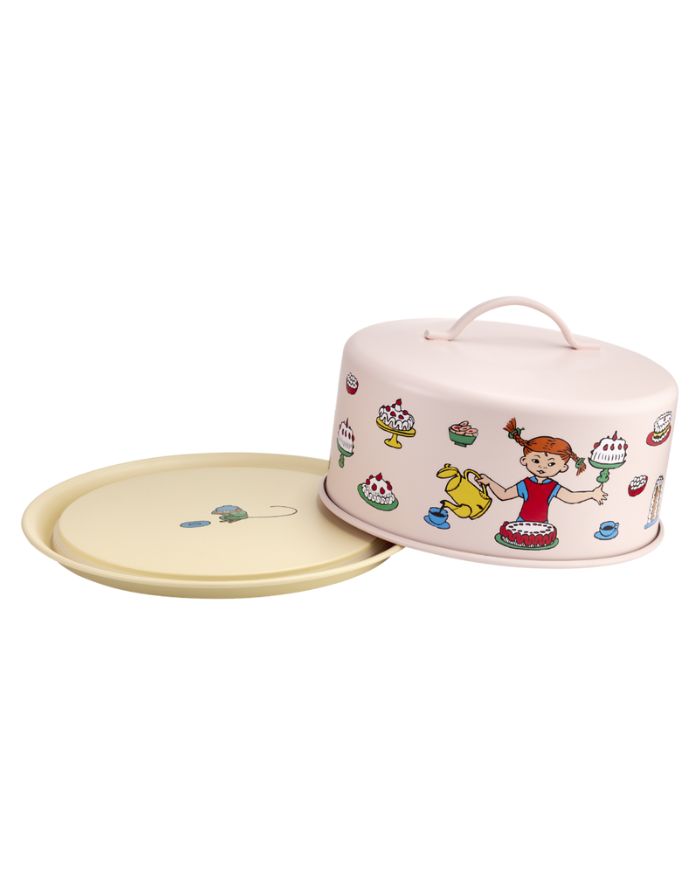 Kuchenplatte mit Deckel Pippi Langstrumpf von Muurla, runde Platte aus Stahl mit Haube und Pippi-Motiv, ideal für Torten und Geburtstage