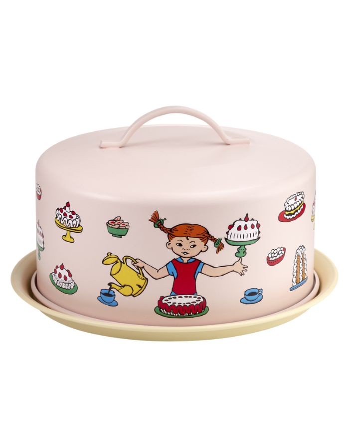 Kuchenplatte mit Deckel Pippi Langstrumpf von Muurla, runde Platte aus Stahl mit Haube und Pippi-Motiv, ideal für Torten und Geburtstage