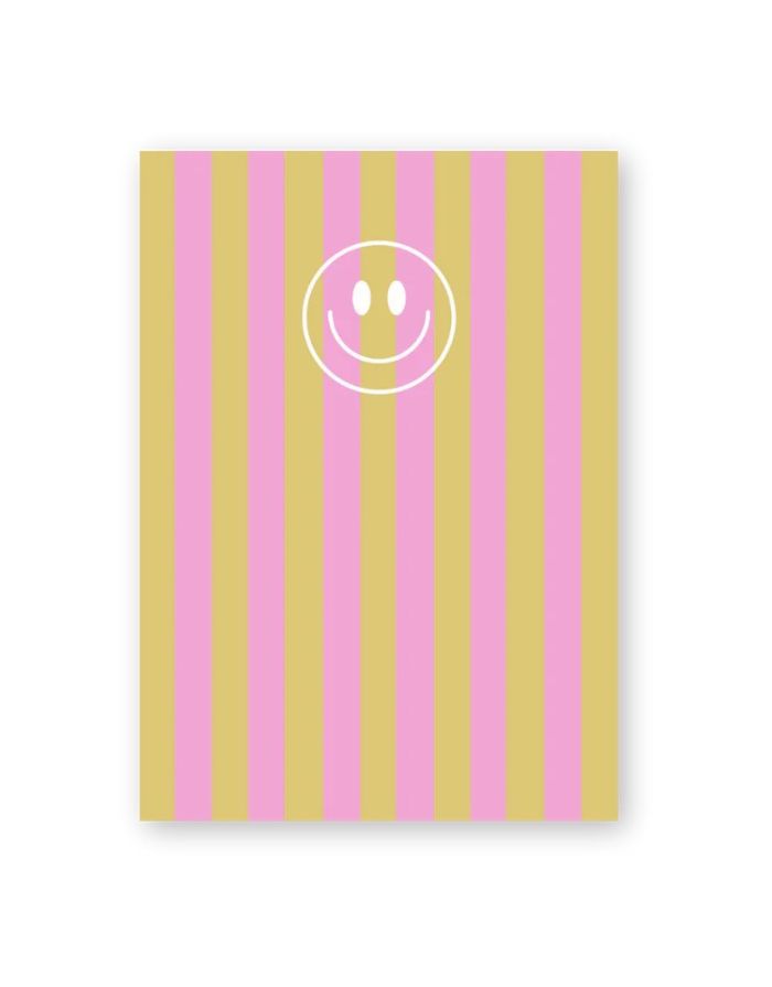 Postkarte von Herr und Frau Hempel aus hochwertiger Holzschliffpappe im DIN-A6-Format mit Streifen in Rosa Orange und einem Smiley von vorne