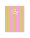 Postkarte von Herr und Frau Hempel aus hochwertiger Holzschliffpappe im DIN-A6-Format mit Streifen in Rosa Orange und einem Smiley von vorne
