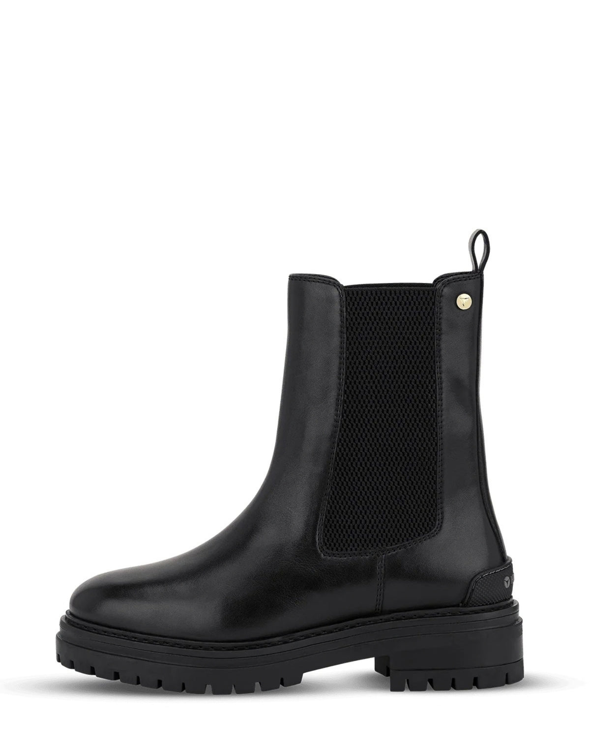 Hey Marly Chelsea Boot City Stroll in Schwarz aus Leder mit elastischem Einsatz, profiliertem Blockabsatz und dezenten goldfarbenen Details von der Seite