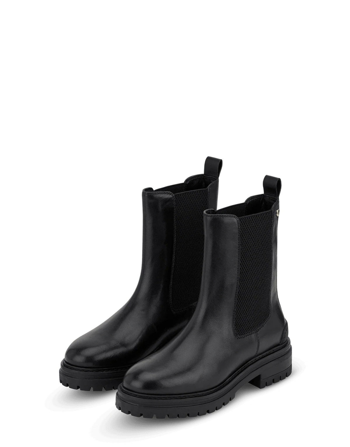 Hey Marly Chelsea Boot City Stroll in Schwarz aus Leder mit elastischem Einsatz, profiliertem Blockabsatz und dezenten goldfarbenen Details als Paar
