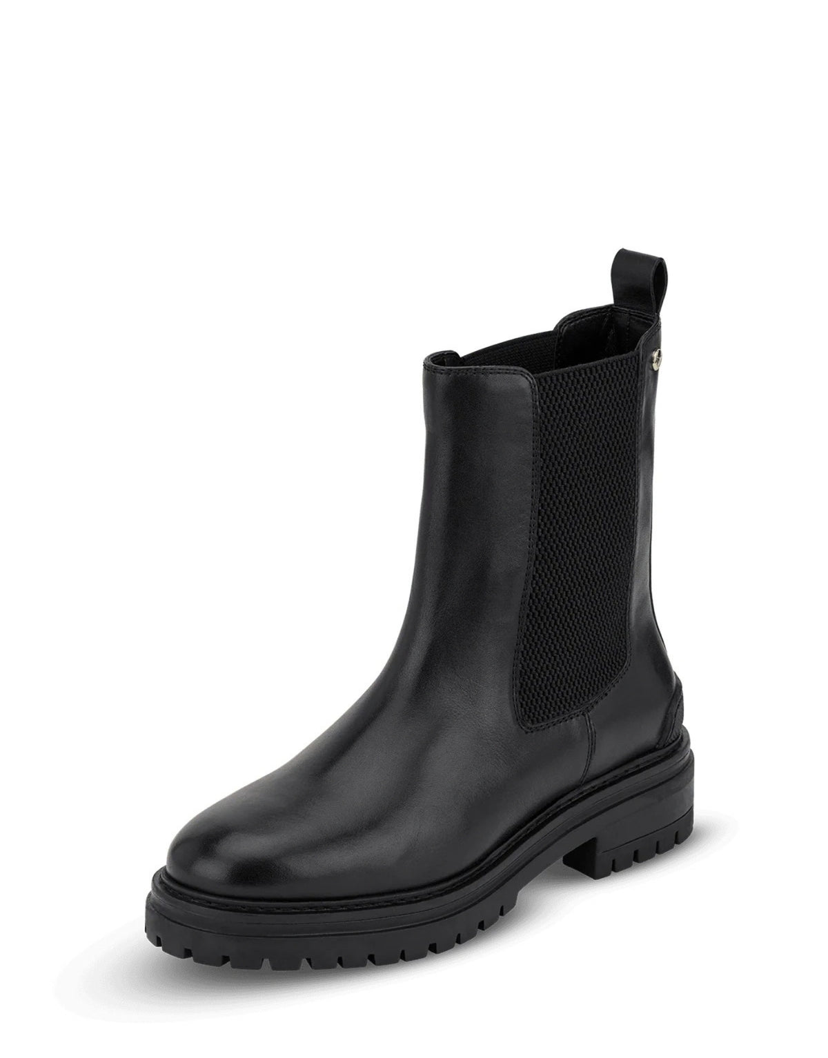 Hey Marly Chelsea Boot City Stroll in Schwarz aus Leder mit elastischem Einsatz, profiliertem Blockabsatz und dezenten goldfarbenen Details als Freisteller