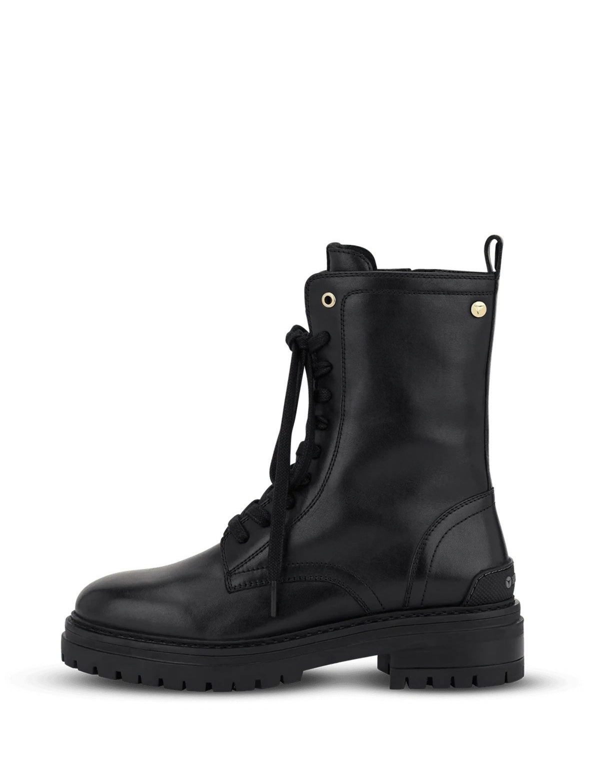 Hey Marly Signature Boot aus Leder mit Schnürung, seitlichem Reißverschluss, niedrigem Blockabsatz und goldfarbenen Details als Freisteller von der Außenseite 