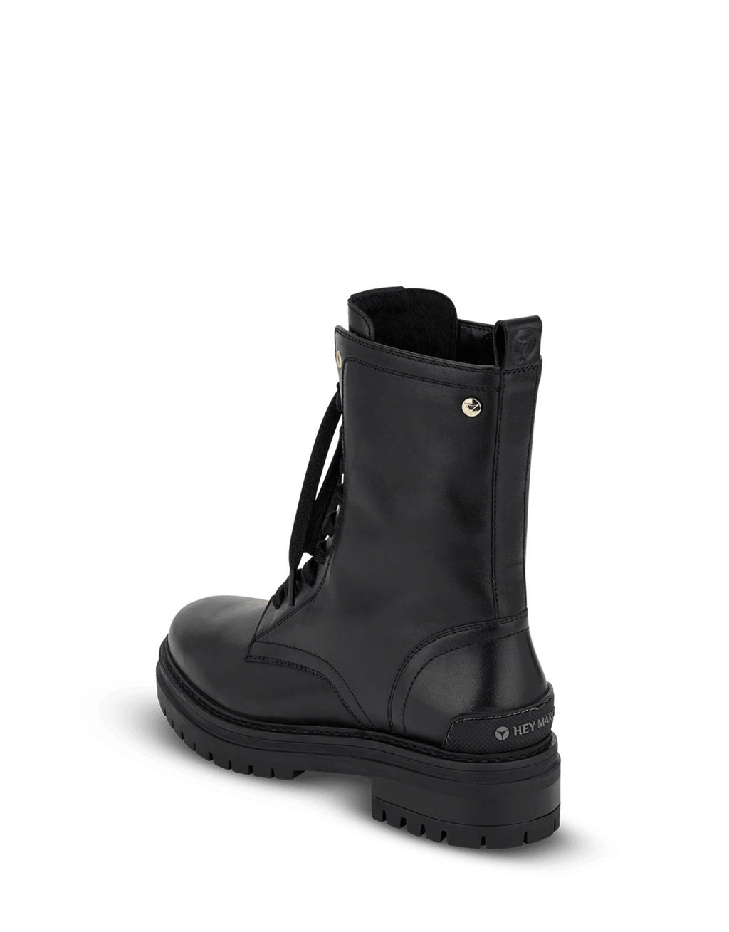 Hey Marly Signature Boot aus Leder mit Schnürung, seitlichem Reißverschluss, niedrigem Blockabsatz und goldfarbenen Details als Freisteller von hinten