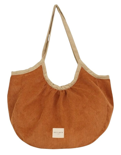De La Mur Shopper Barro aus cognacfarbenem Cord und beigem Stoff mit Reißverschluss und zwei Henkeln