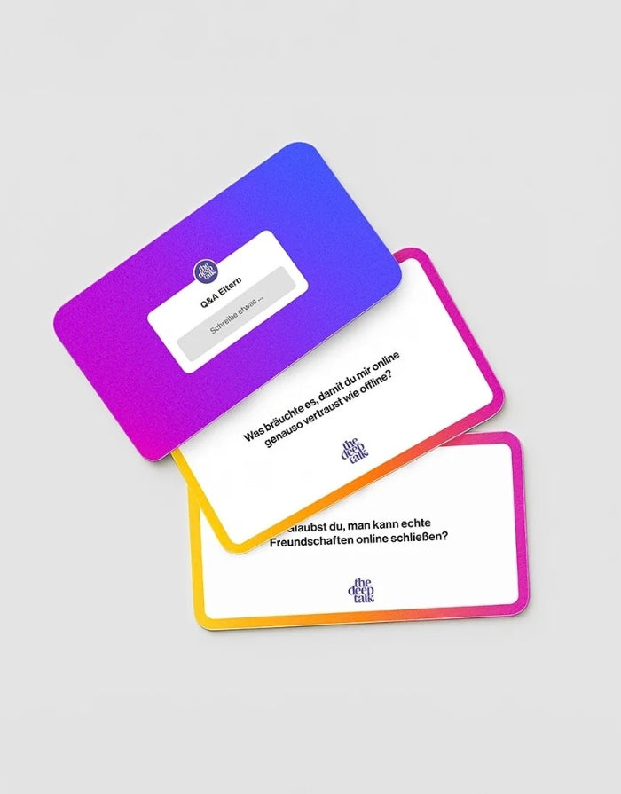 The Deep Talk Social Media Talk Edition mit 60 Gesprächskarten und Safety-Tipps für Eltern und Jugendliche rund um Social Media mit drei Karten zur Ansicht