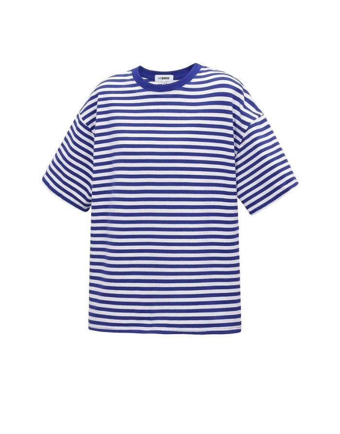 Blau gestreiftes Blocked Striped Tee T-Shirt aus Baumwolle mit bequemer Passform für den Alltag von der Seite