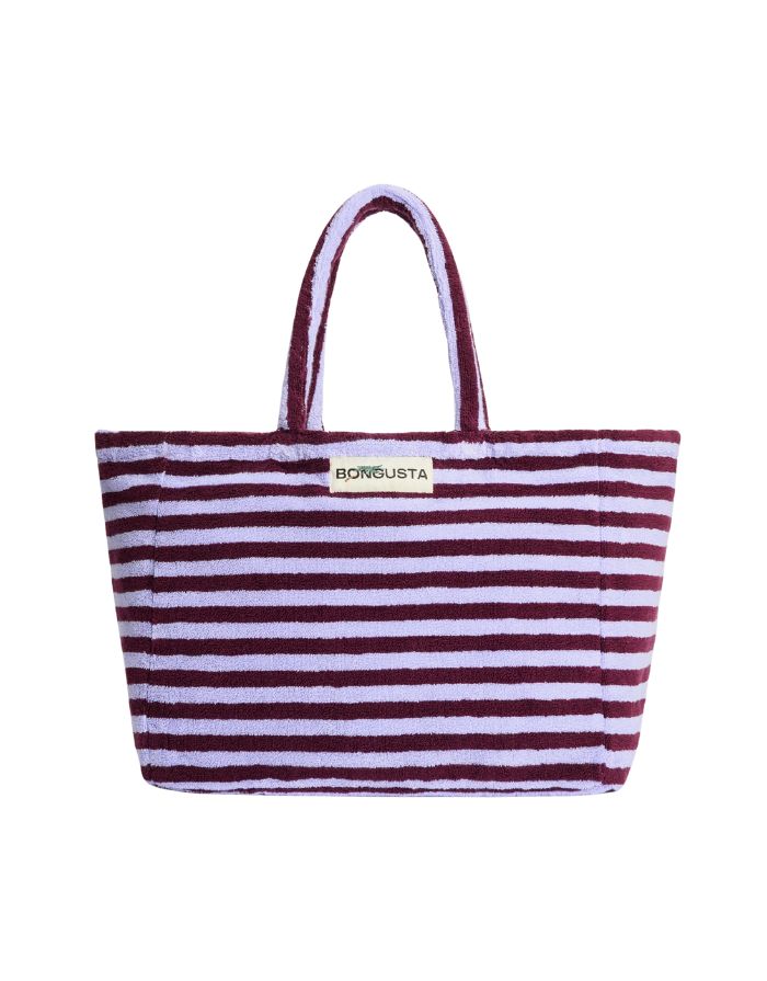 Bongusta Weekender Tasche Wine Lavender Blue aus Bio-Baumwolle mit Streifen und großem Hauptfach.