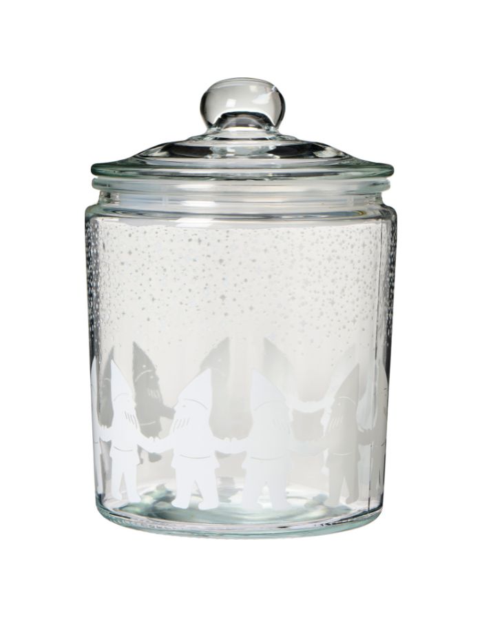 Großer Glasbehälter von Ib Laursen mit Deckel und Wichtelmännchen-Muster, 1,9 Liter, luftdicht und dekorativ.