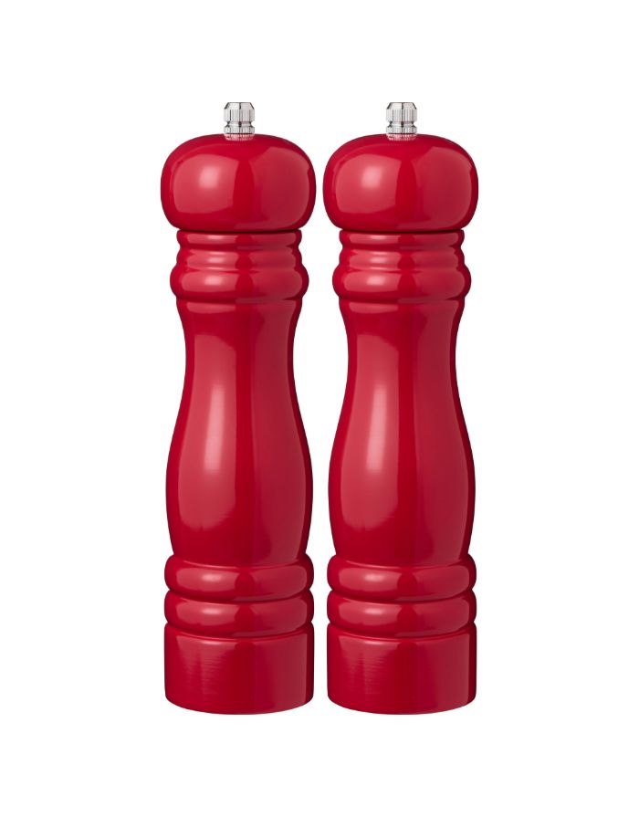 Rotes Salz- und Pfeffermühlen-Set von Ib Laursen aus Gummibaumholz mit Keramikmahlwerk.