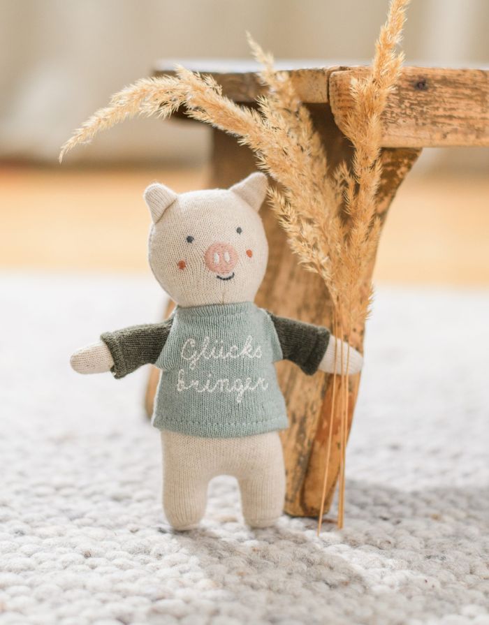 Stofftier Schwein Glücksbringer I Eisblau/Oliv